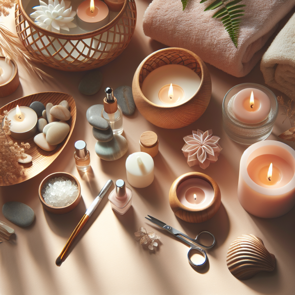 A vibrant display of colorful nail polish bottles and various nail care tools on a sleek manicure table, ready for a perfect manicure and pedicure session.